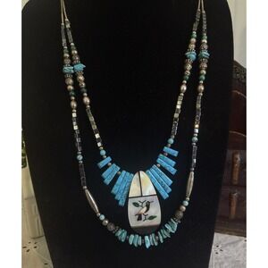 Vtg Southwestern Navajo Style Inlay Bird Pendant Beaded Necklace Silver Tone 26"